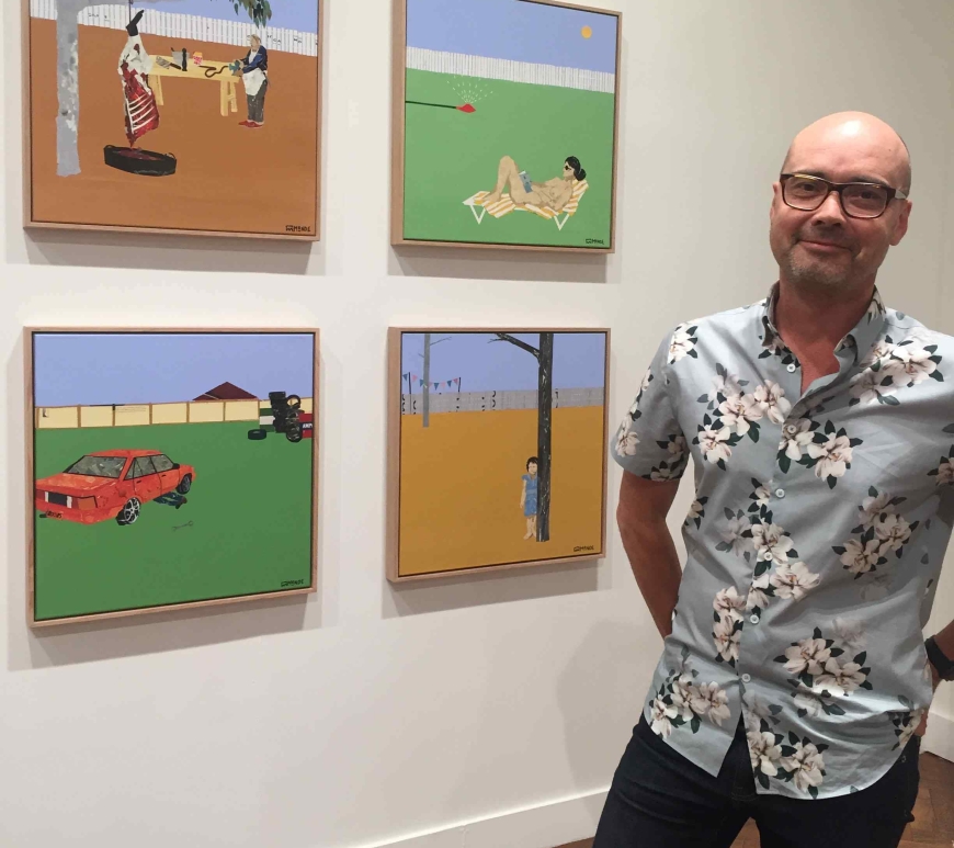 Artist Ray Monde with his artworks at Goulburn Regional Art Gallery
