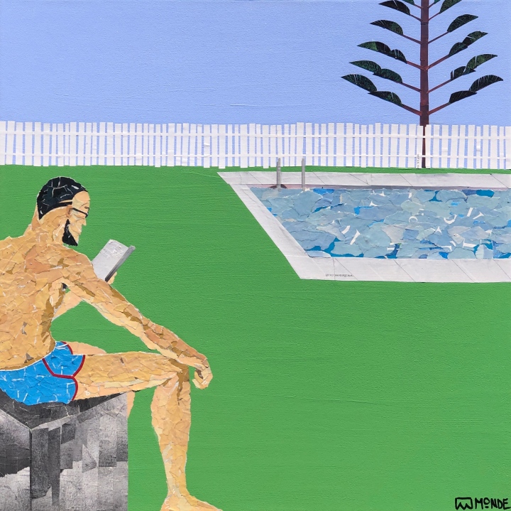 Art by Ray Monde of man reading by a swimming pool