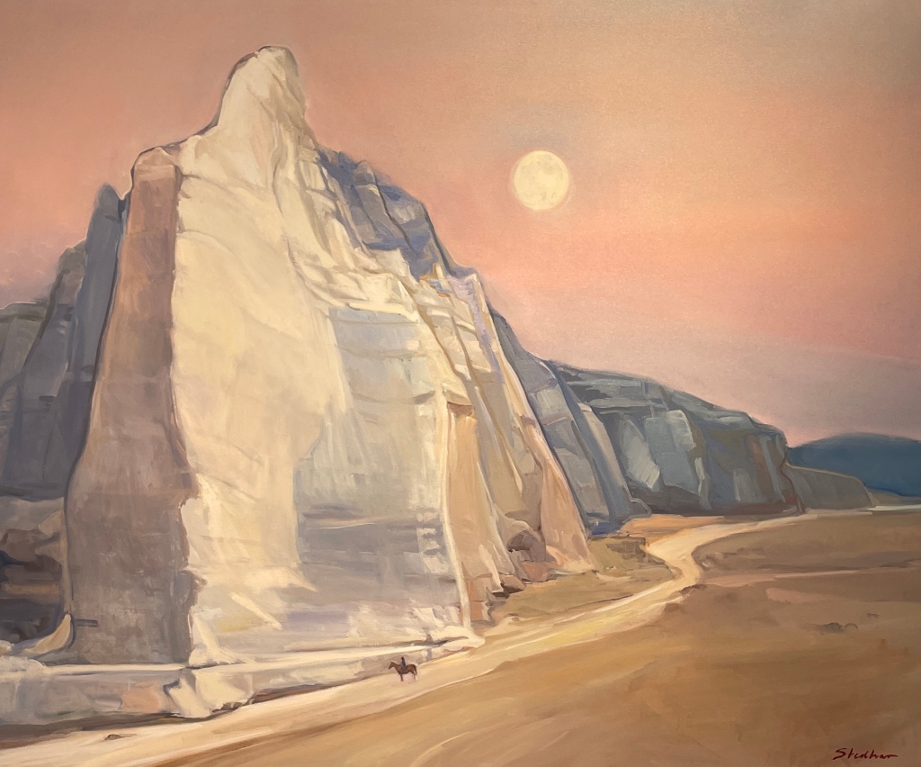 A painting by Kathryn Stedham of a steep white cliff, pink sky and a tiny rider on a horse in the foreground